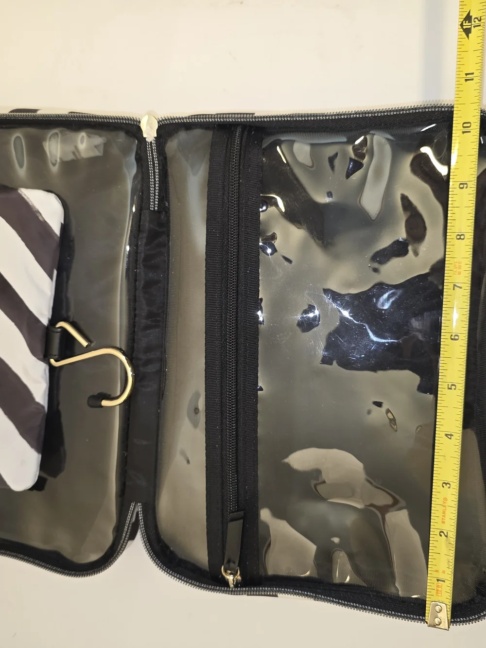Victoria's Secret Black and White Striped Cosmetic Case with Gold Logo